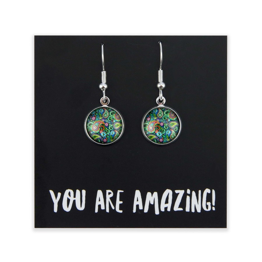 Jewellery Circle Drop Dangles | Spring - You Are Amazing - Bright Silver Dangle Earrings - Green Paisley (10913)