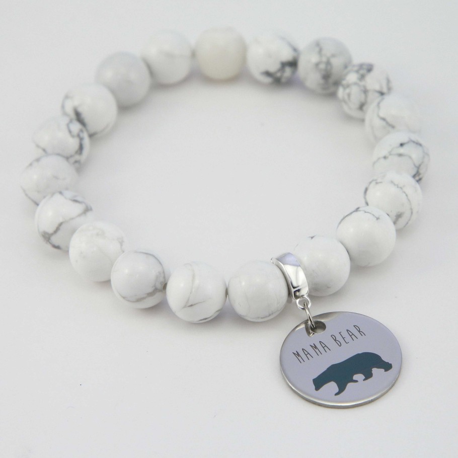 Jewellery Bracelets | Stone Bracelet - ' Mama Bear ' White Marble - Chunky 10Mm Beads (10163)