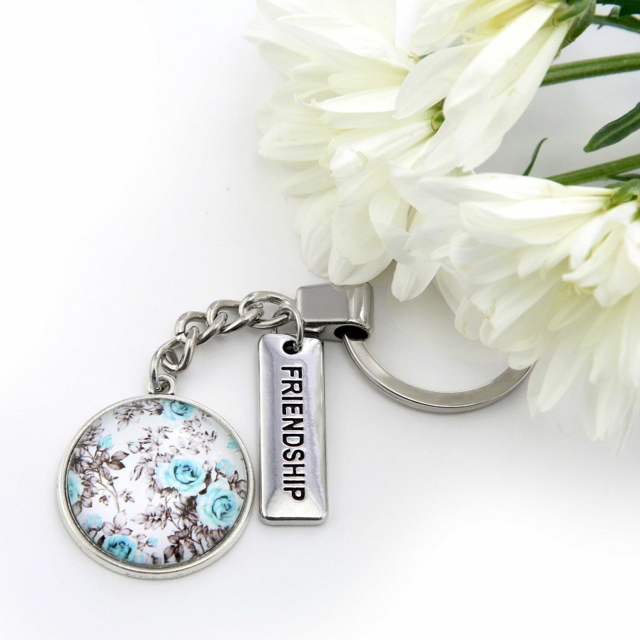 Accessories Papa Glewy | Teal Collection - Vintage Silver 'Friendship' Keyring - Aqua Bloom (12255)