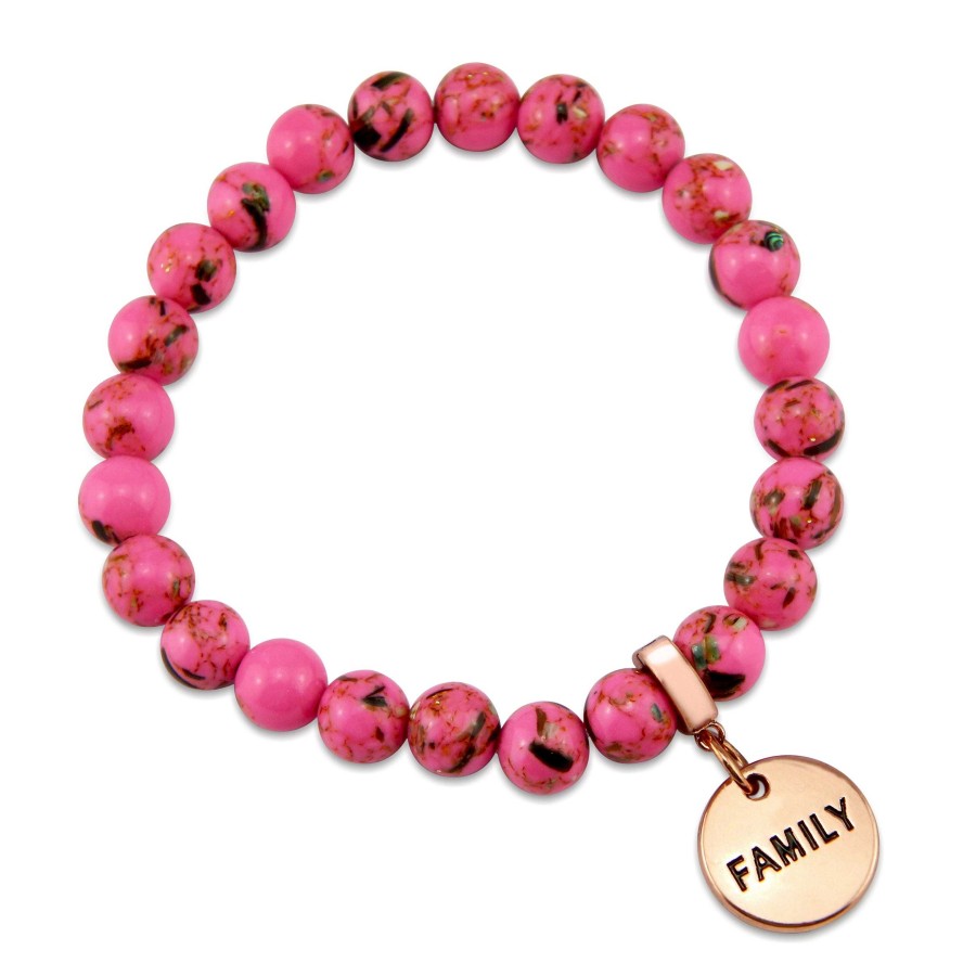 Jewellery Bracelets | Pink Collection - Hot Pink Synthesis 8Mm Bead Bracelet - Rose Gold Word Charms