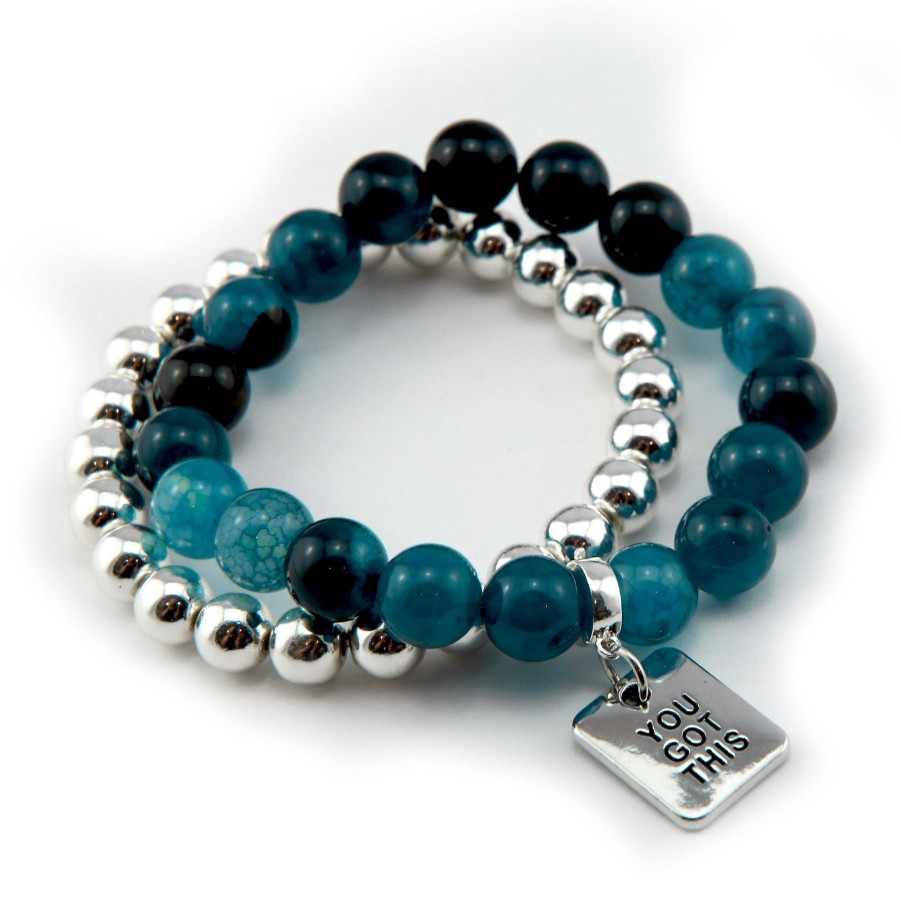 Jewellery Bracelets | Bracelet Duo! 10Mm Oceans Teal Tourmaline & 8Mm Silver Bead Bracelet Stacker Set - You Got This (10835)