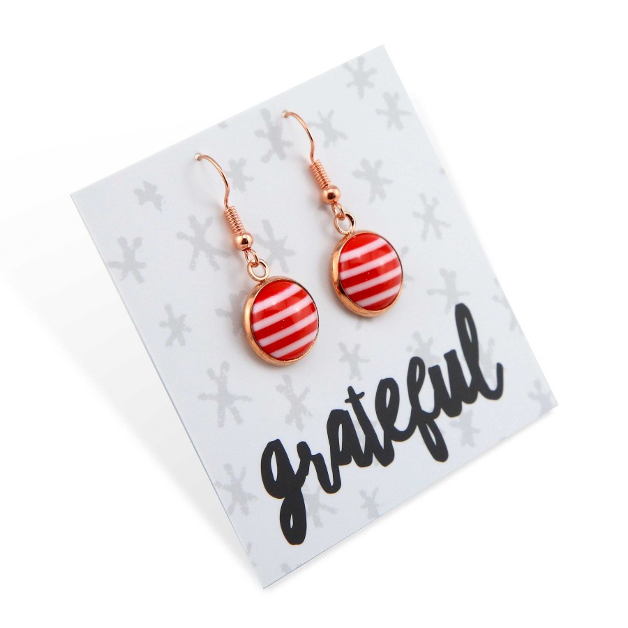 Jewellery Christmas | Stripe Resin Candy Cane - Rose Gold Dangles - Grateful (2211-R)