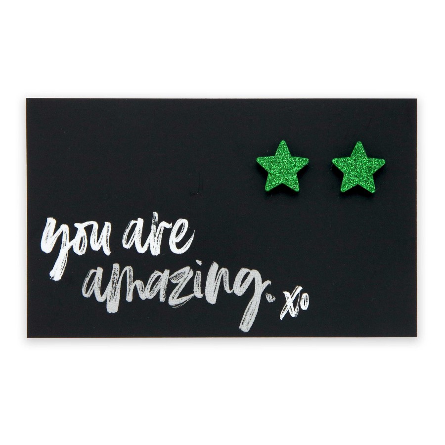 Jewellery Christmas | Sparkle Acrylic Studs Stars - You Are Amazing - Green Glitter (9214-F)