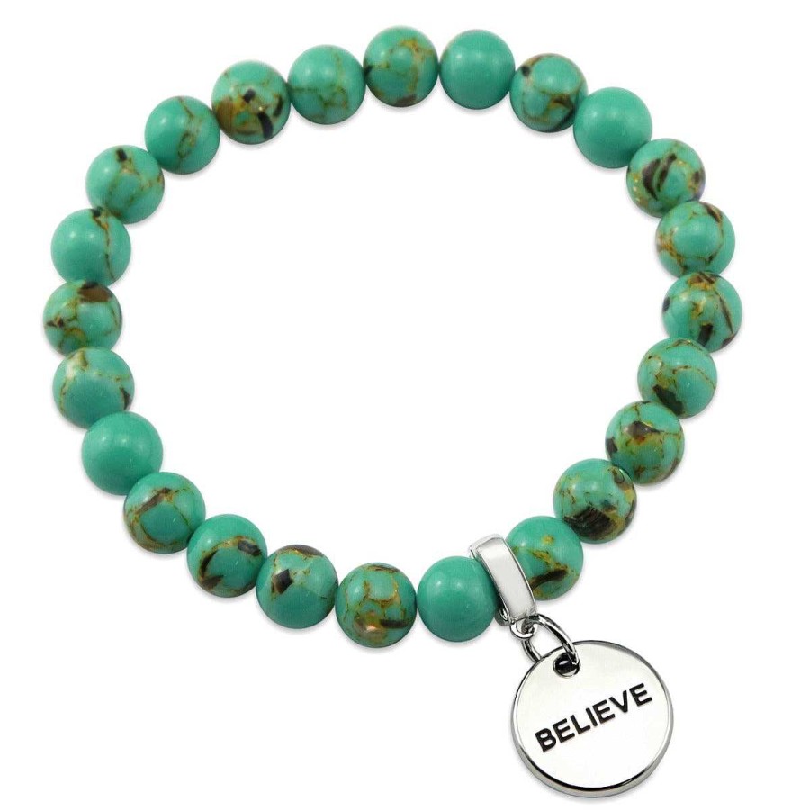 Jewellery Bracelets | Teal Collection Stone Bracelet - Light Teal Synthesis 8Mm Bead Bracelet - Silver Word Charms