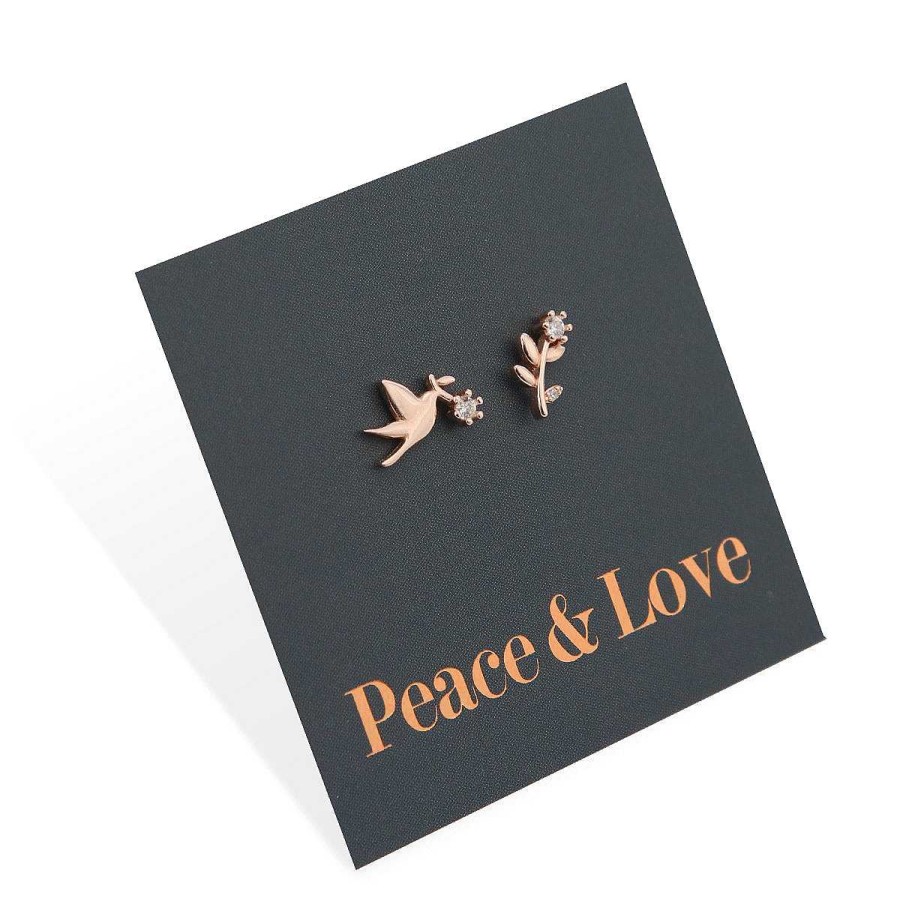 Jewellery Sterling Silver Studs | Dove + Branch Studs - Rose Gold Sterling Silver + Cz - Peace + Love (8815-R)