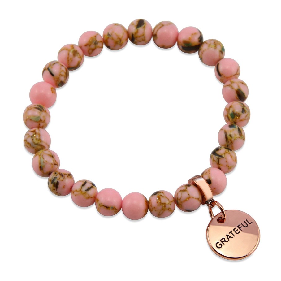 Jewellery Bracelets | Pink Collection - Soft Pink Synthesis 8Mm Bead Bracelet - Rose Gold Word Charms