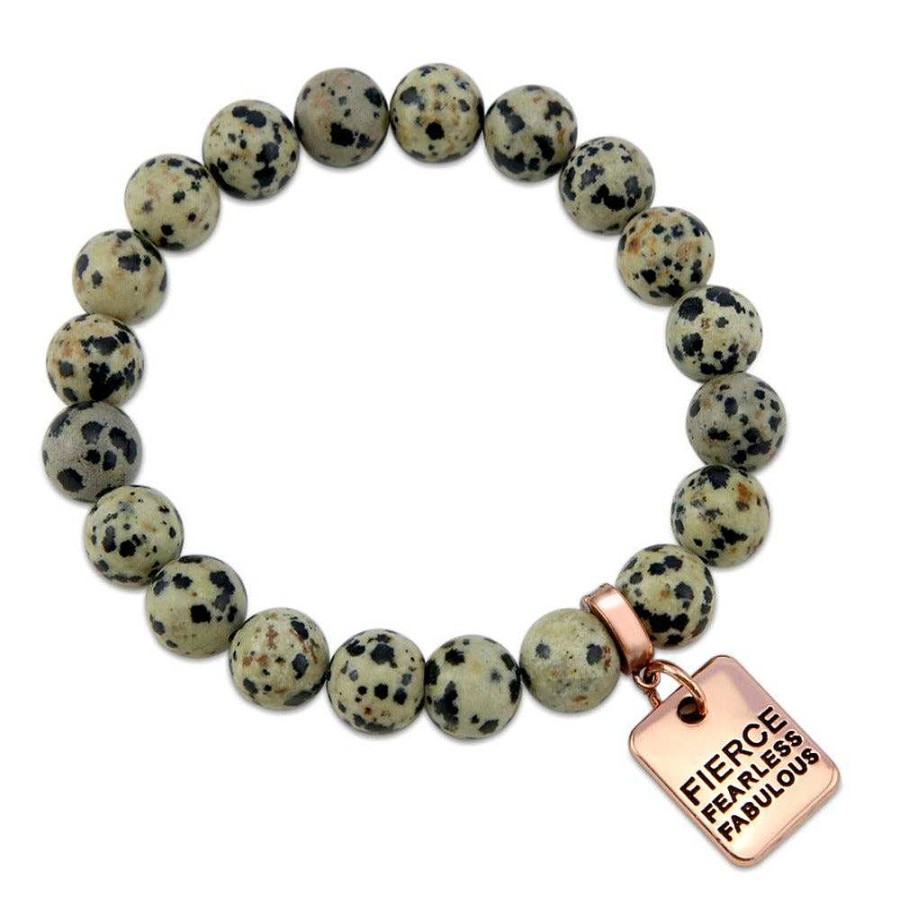 Jewellery Bracelets | Stone Bracelet - Dalmatian Stone - 10Mm Beads With Rose Gold Word Charm