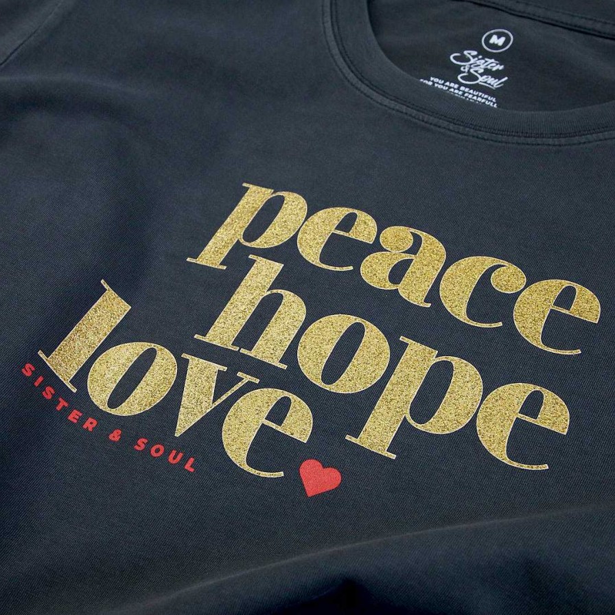 Apparel Tees Tanks & Totes | Peace Hope Love - Boxy Tee - Washed Look Black With Gold Glitter Print