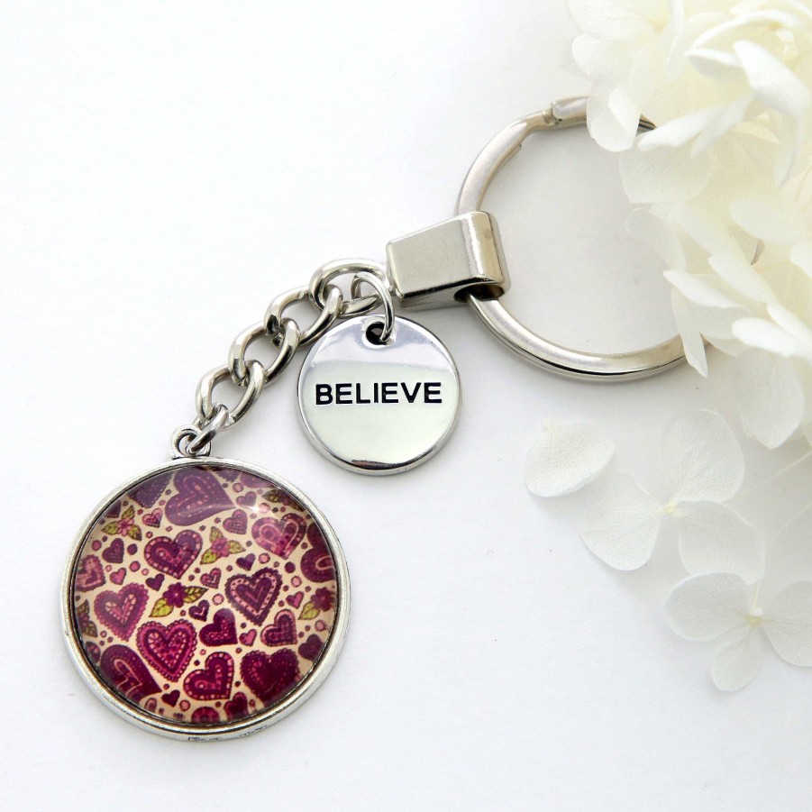 Accessories Papa Glewy | Spring - 'Believe' - Vintage Silver Keyring - Heart Patch (10454)