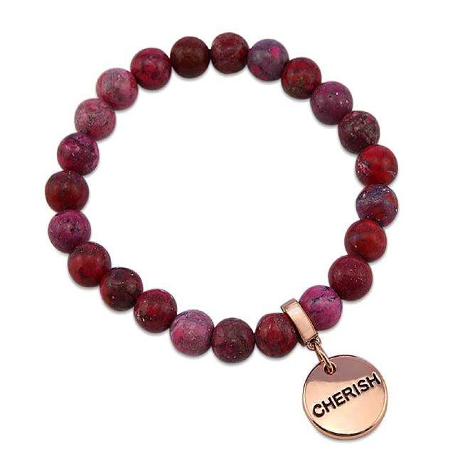 Jewellery Bracelets | Precious Stone Bracelet 8Mm - Imperial Sweet Raspberry Jasper - With Rose Gold Word Charms