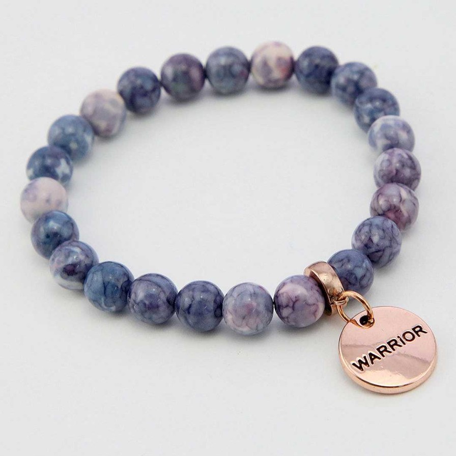 Jewellery Bracelets | Stone Bracelet - Purple & Storm Patch Agate Stone - 8Mm Beads With Rose Gold Word Charms