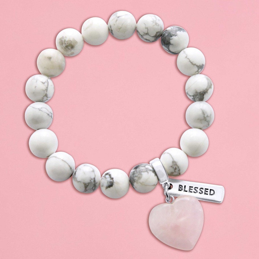 Jewellery Bracelets | Sweetheart Bracelet - 10Mm White Marble With Rose Quartz Heart Charm & Word Charm