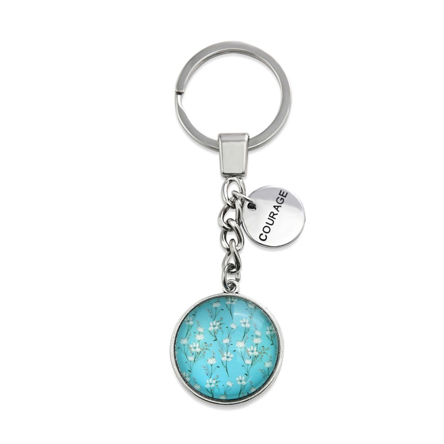 Accessories Papa Glewy | Teal Collection - Vintage Silver 'Courage' Keyring - Aqua Field Flowers (12442)