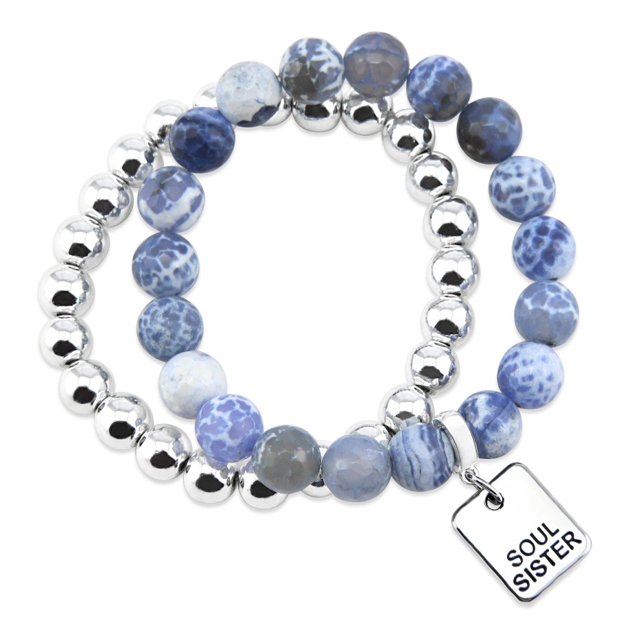 Jewellery Bracelets | Bracelet Duo! 10Mm Bright Blue Agata Tourmaline & 8Mm Silver Bead Bracelet Stacker Set - Soul Sister (12044)