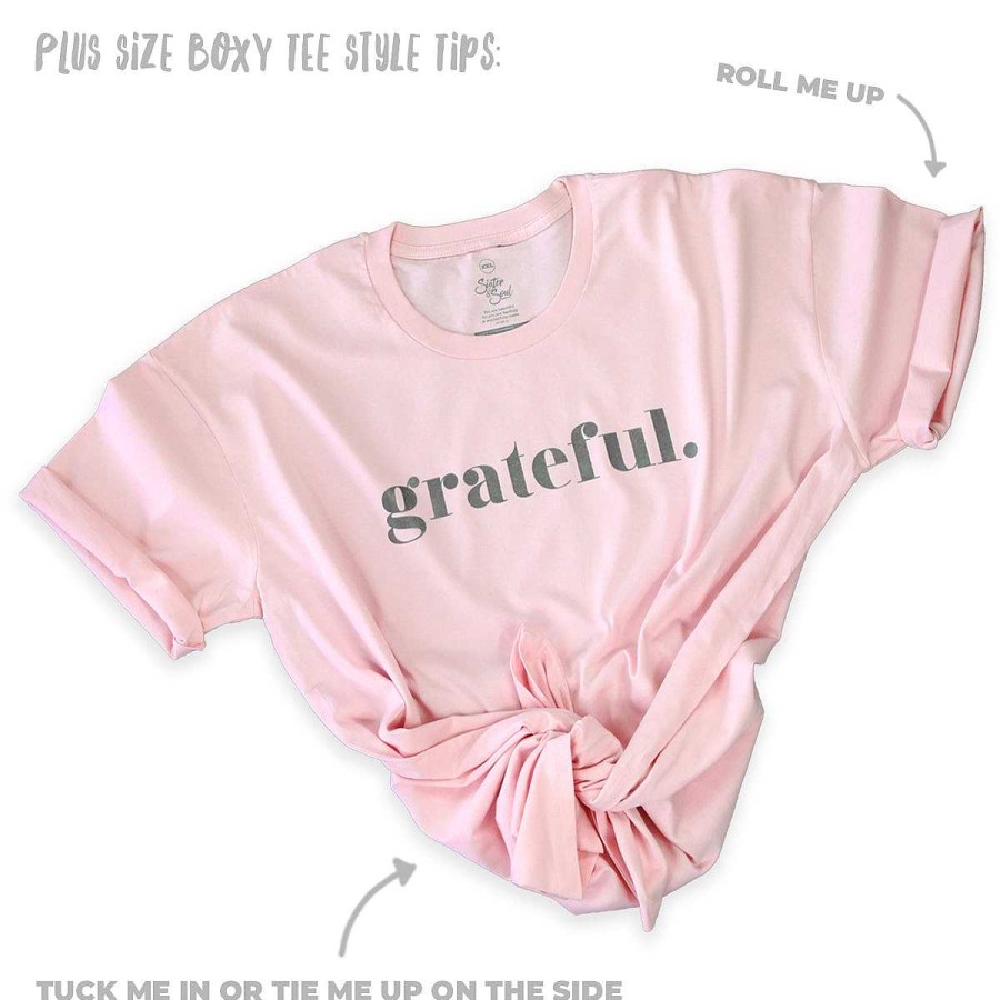 Apparel Tees Tanks & Totes | Grateful - Plus Size Long Boxy Tee - Pink With Charcoal Shimmer Print