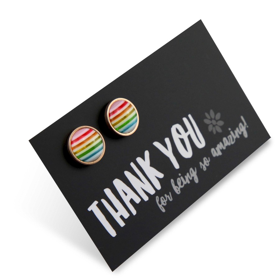 Jewellery Deluxe Stud Earrings | Stripe Resin - Thank You For Being So Amazing- Stainless Steel Rose Gold Surround Studs - Rainbow (2310-F)