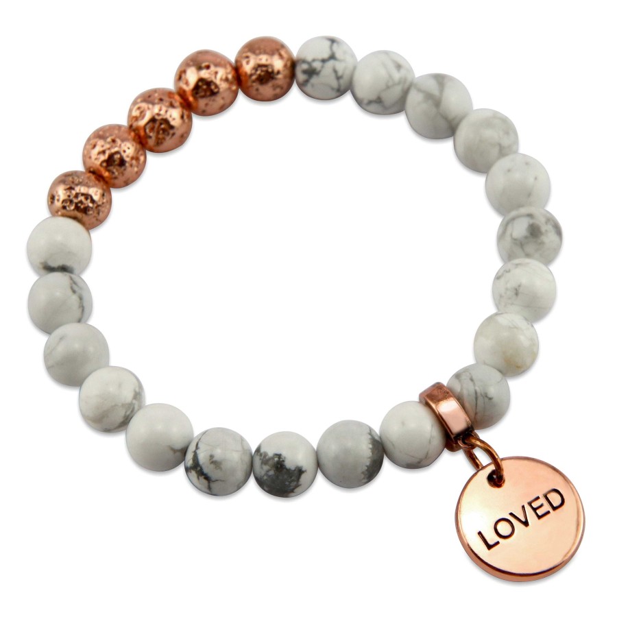 Jewellery Bracelets | Lava Stone Bracelet - 8Mm White Marble + Rose Gold Lava Stone Beads - With Rose Gold Word Charm