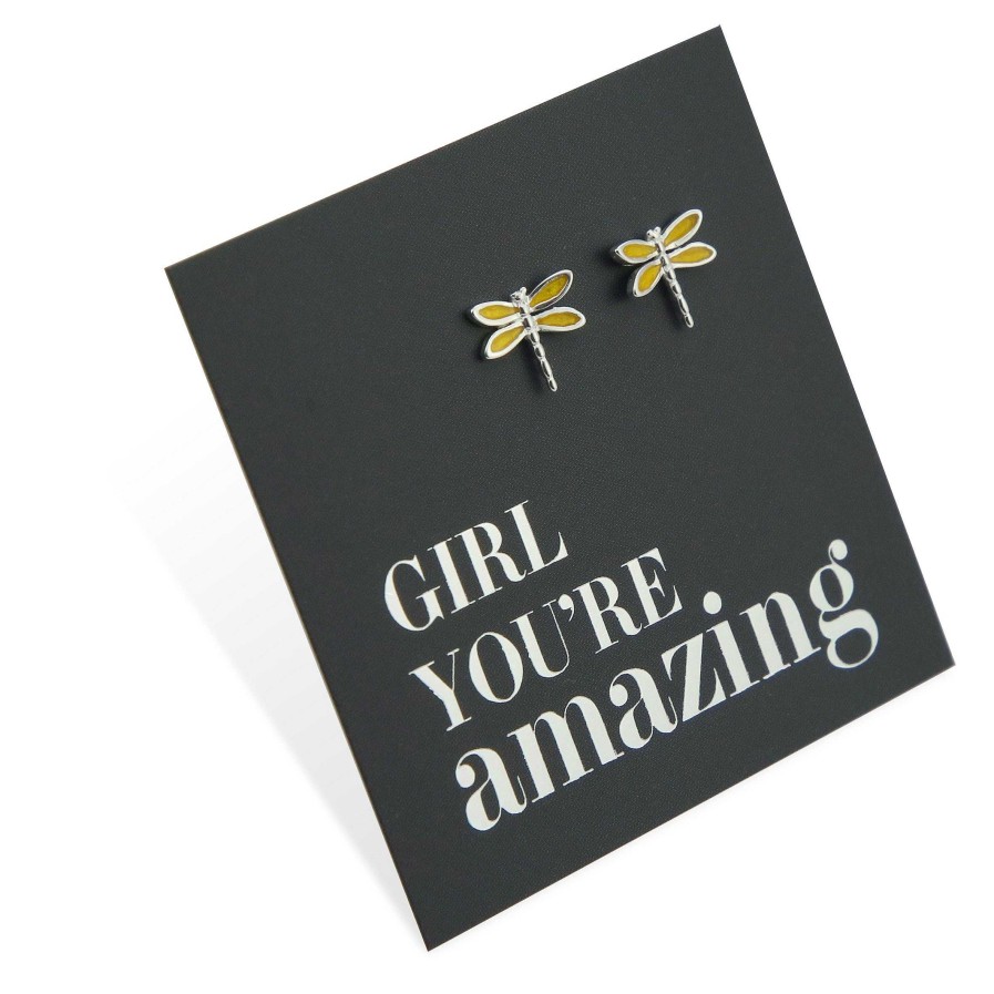 Jewellery Sterling Silver Studs | Yellow Dragonfly Studs - Sterling Silver - Girl You'Re Amazing (2407-F)