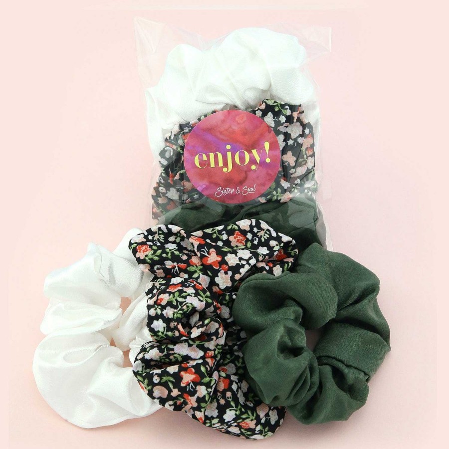 Accessories Hair Accessories | Scrunchies 3 Pack - Khaki, Floral & White (7008-3)