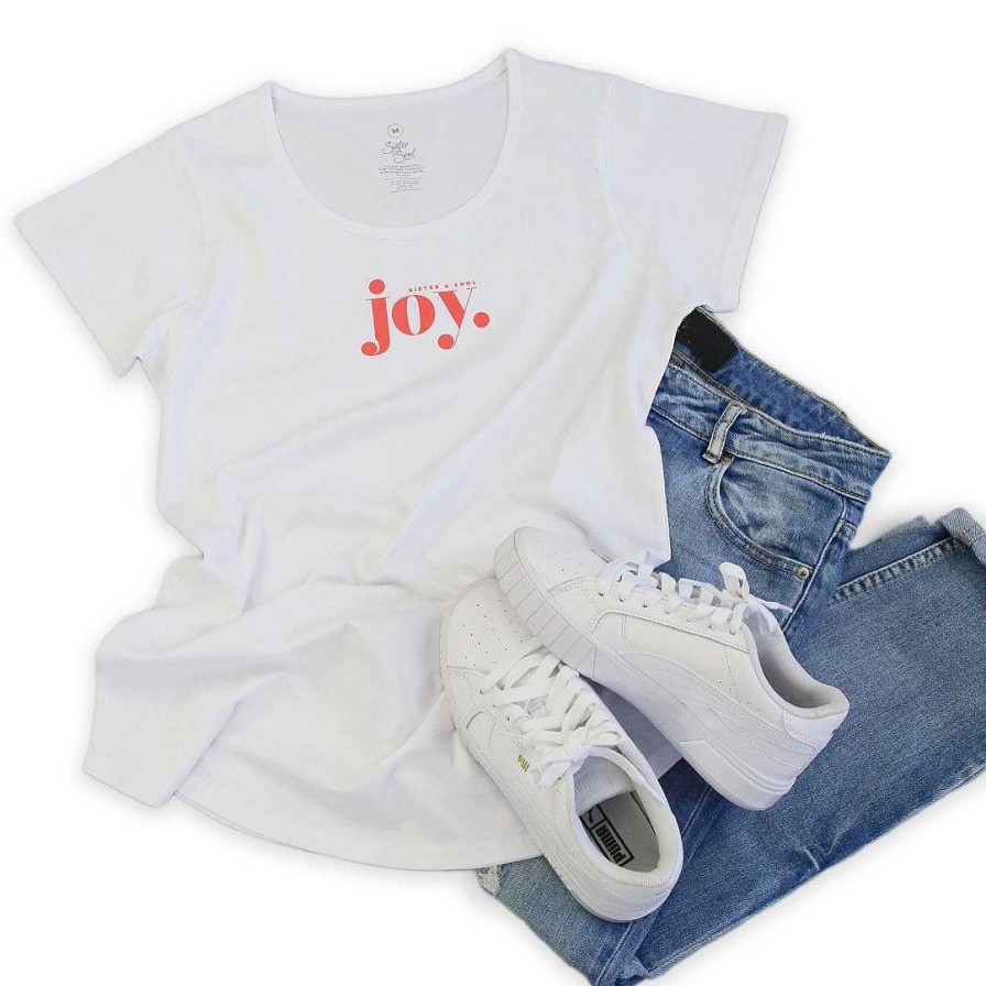 Apparel 50% Off | Joy - Scoopy Tee - White With Sunrise Orange Print