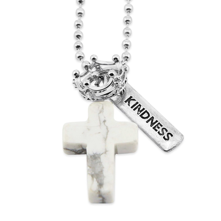 Jewellery Cross & Crown | Cross & Crown Necklace - White Marble Howlite - With Word Charm