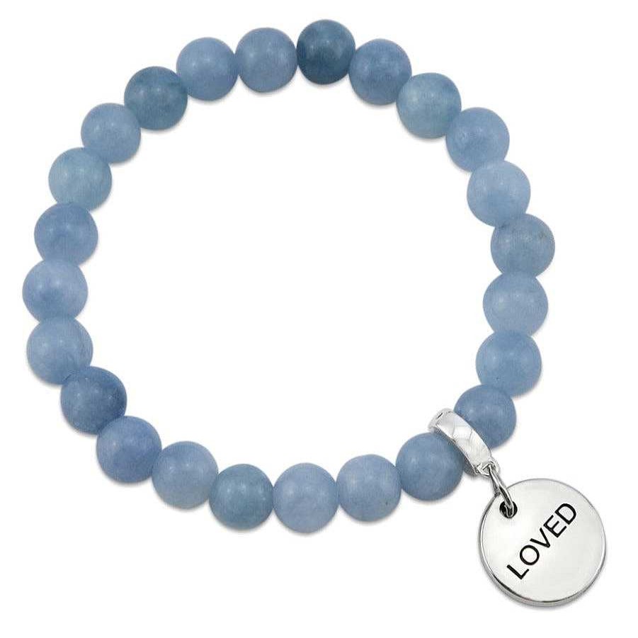 Jewellery Bracelets | Stone Bracelet - Stormy Sea Blue Agate Stone - 8Mm Beads With Silver Word Charm