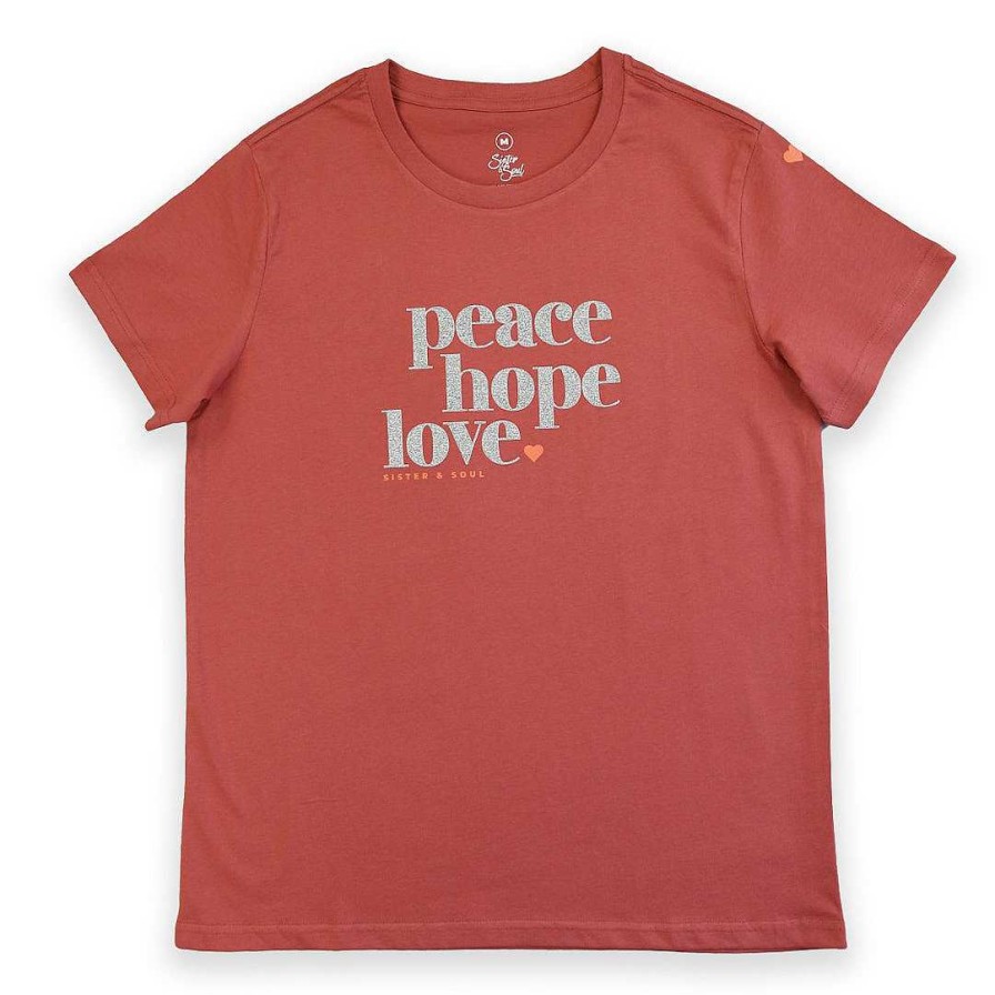 Apparel Tees Tanks & Totes | Peace Hope Love - Boxy Tee - Coral With Silver Glitter Print