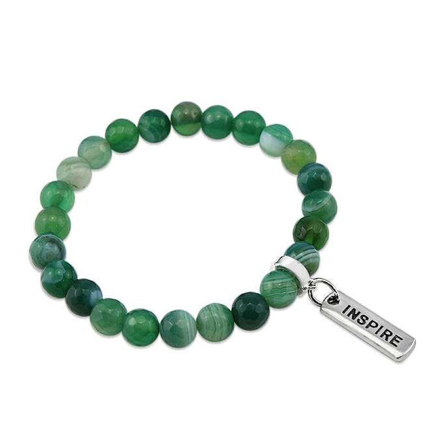 Jewellery Bracelets | Stone Bracelet 8Mm - Emerald Green Faceted Agate - With Silver Word Charms