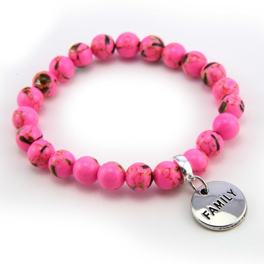 Jewellery Bracelets | Pink Collection - Hot Pink Synthesis 8Mm Bead Bracelet - Silver Word Charms