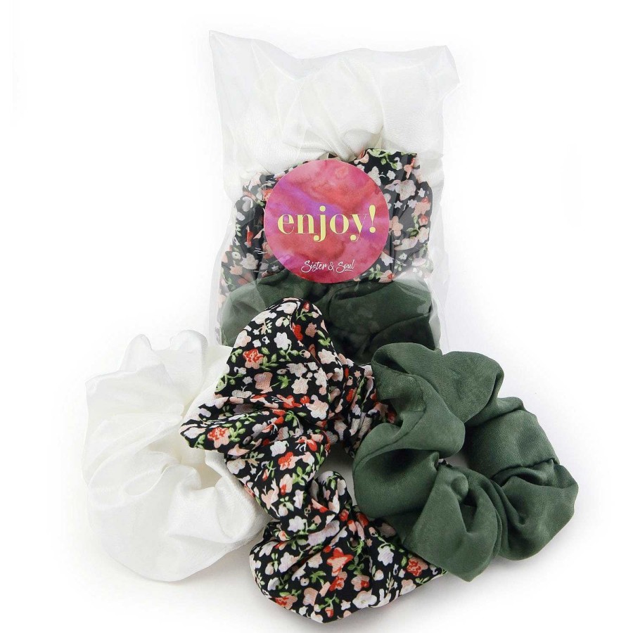 Accessories Hair Accessories | Scrunchies 3 Pack - Khaki, Floral & White (7008-3)