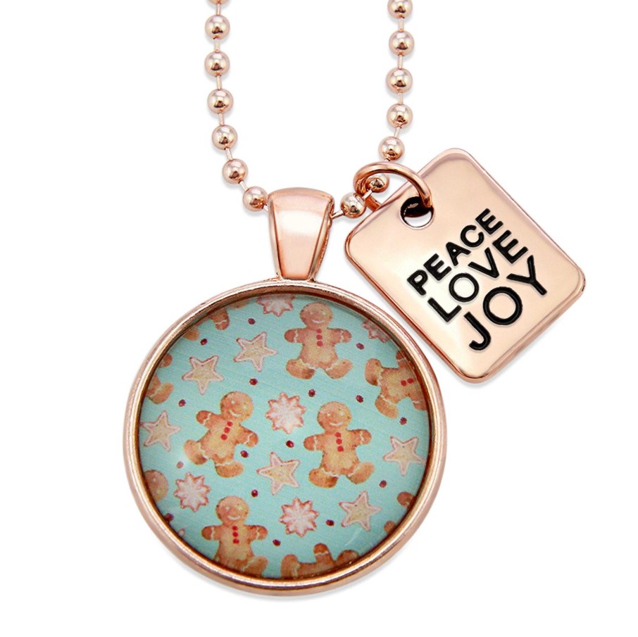 Jewellery Papa Glewy | Christmas - Rose Gold 'Peace Love Joy' Necklace - Gingerbread Aqua - (10733)