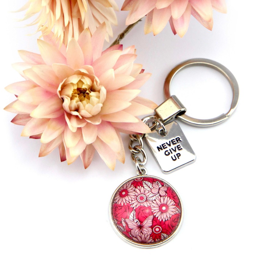 Accessories Papa Glewy | Pink Collection - Vintage Silver 'Never Give Up' Keyring - Butterfly Patch (10343)