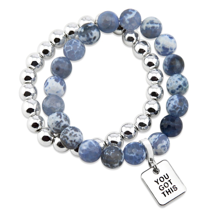 Jewellery Bracelets | Bracelet Duo! 10Mm Bright Blue Agata Tourmaline & 8Mm Silver Bead Bracelet Stacker Set - You Got This (12021)