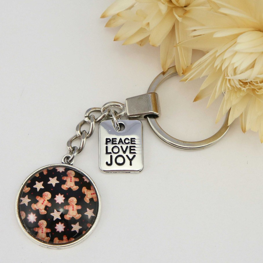 Accessories Papa Glewy | Christmas - Vintage Silver 'Peace Love Joy' Keyring - Gingerbread Black (10245)