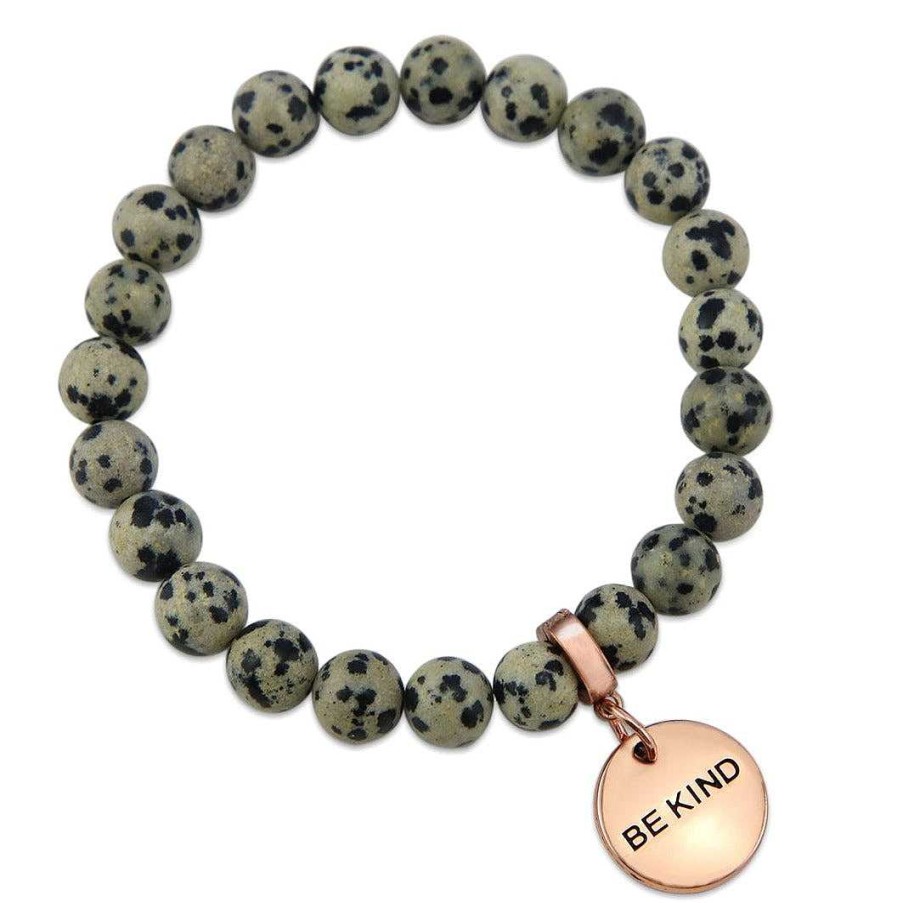 Jewellery Bracelets | Stone Bracelet - Dalmatian Stone - 8Mm Beads With Rose Gold Word Charm