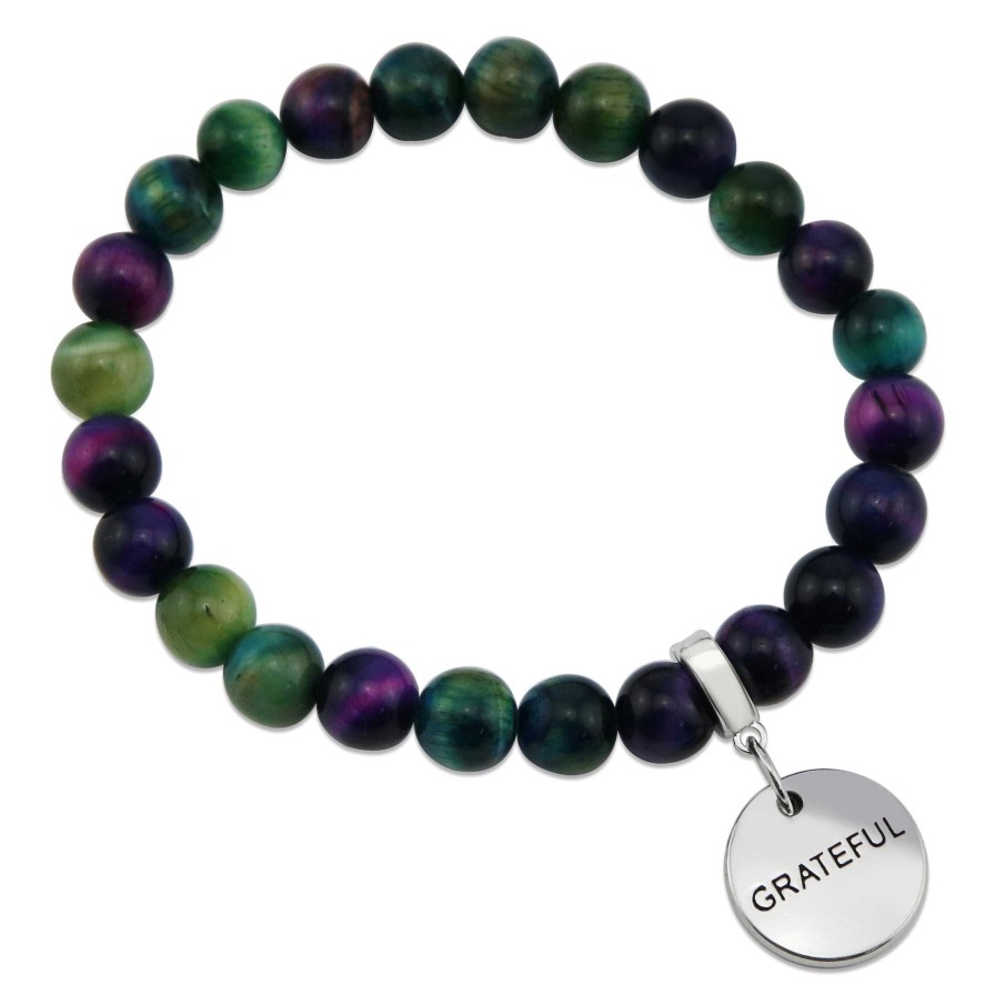 Jewellery Bracelets | Precious Stones - Green & Purple Tigers Eye 8Mm Bead Bracelet - With Silver Word Charms