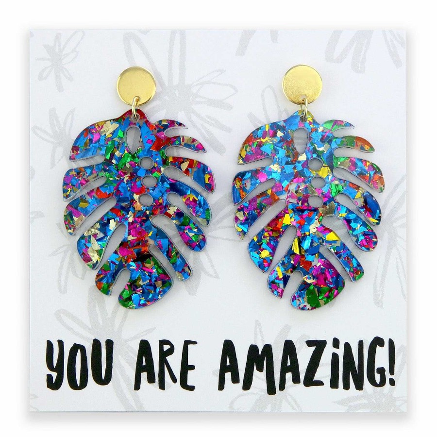 Jewellery Statement Earrings | Resin Statement Dangles - You Are Amazing! - Sparkle Monstera Leaf (11432)