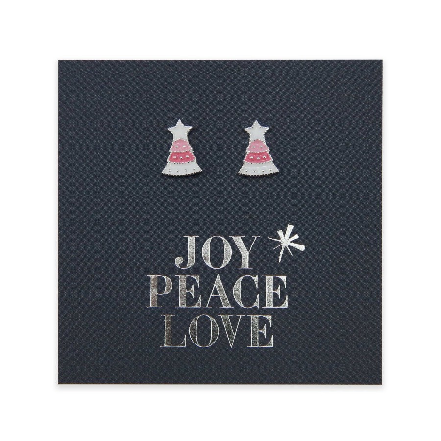 Jewellery Christmas | Pink Enamel Christmas Tree Studs - Joy Peace Love - Sterling Silver (8602-R)