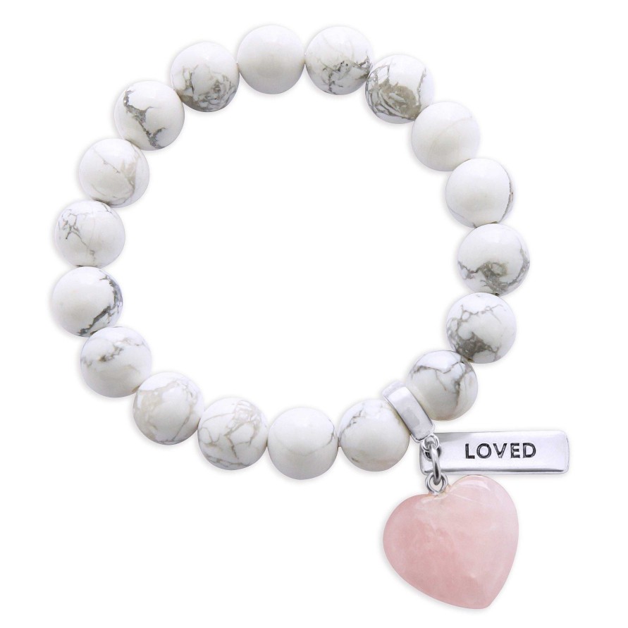 Jewellery Bracelets | Sweetheart Bracelet - 10Mm White Marble With Rose Quartz Heart Charm & Word Charm