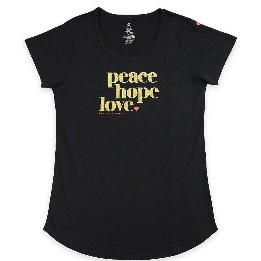 Apparel Tees Tanks & Totes | Peace Hope Love - Scoopy Tee - Black With Gold Glitter Print