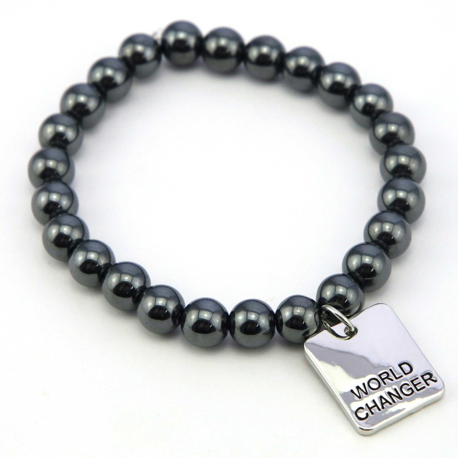 Jewellery Bracelets | The Strong Women Collection Hematite Bracelet 8Mm Beads With Word Charm - Graphite