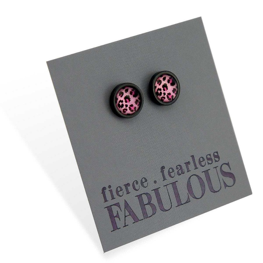 Jewellery Stainless Steel Circle Studs | Fierce Fearless Fabulous - Black Stainless Steel 8Mm Circle Studs - Pink Leopard (11834)