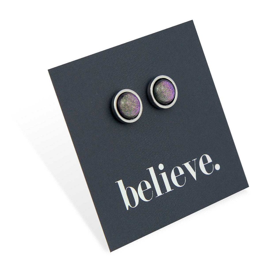 Jewellery Stainless Steel Circle Studs | Believe - Silver Stainless Steel 8Mm Circle Studs - Purple Shimmer (12614)