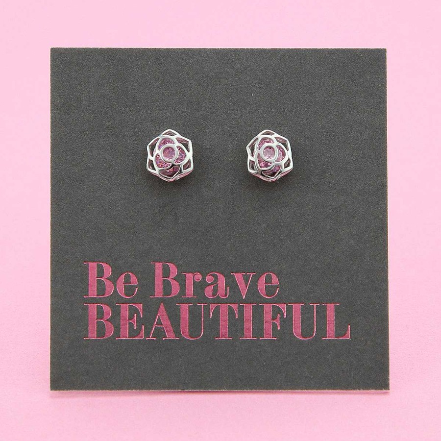 Jewellery Sterling Silver Studs | Sterling Silver Rose Shape Stud With Soft Pink Cz Crystal - Be Brave Beautiful (8814-F)