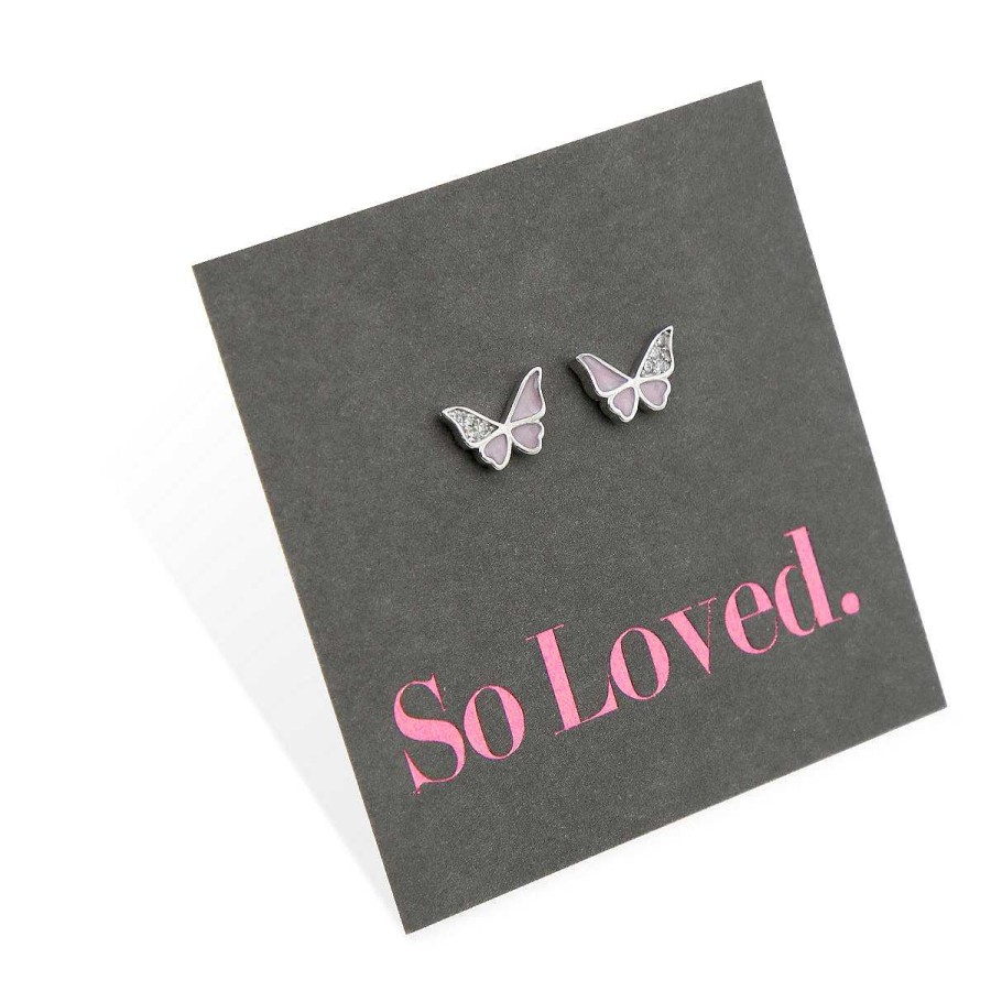 Jewellery Sterling Silver Studs | Sweet Pink Butterflies - Sterling Silver + Cubic Zirconia Studs - So Loved (8911-R)