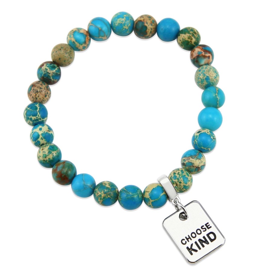 Jewellery Bracelets | Precious Stone Bracelet Imperial Jasper Lagoon 8Mm Beads - With Silver Word Charms