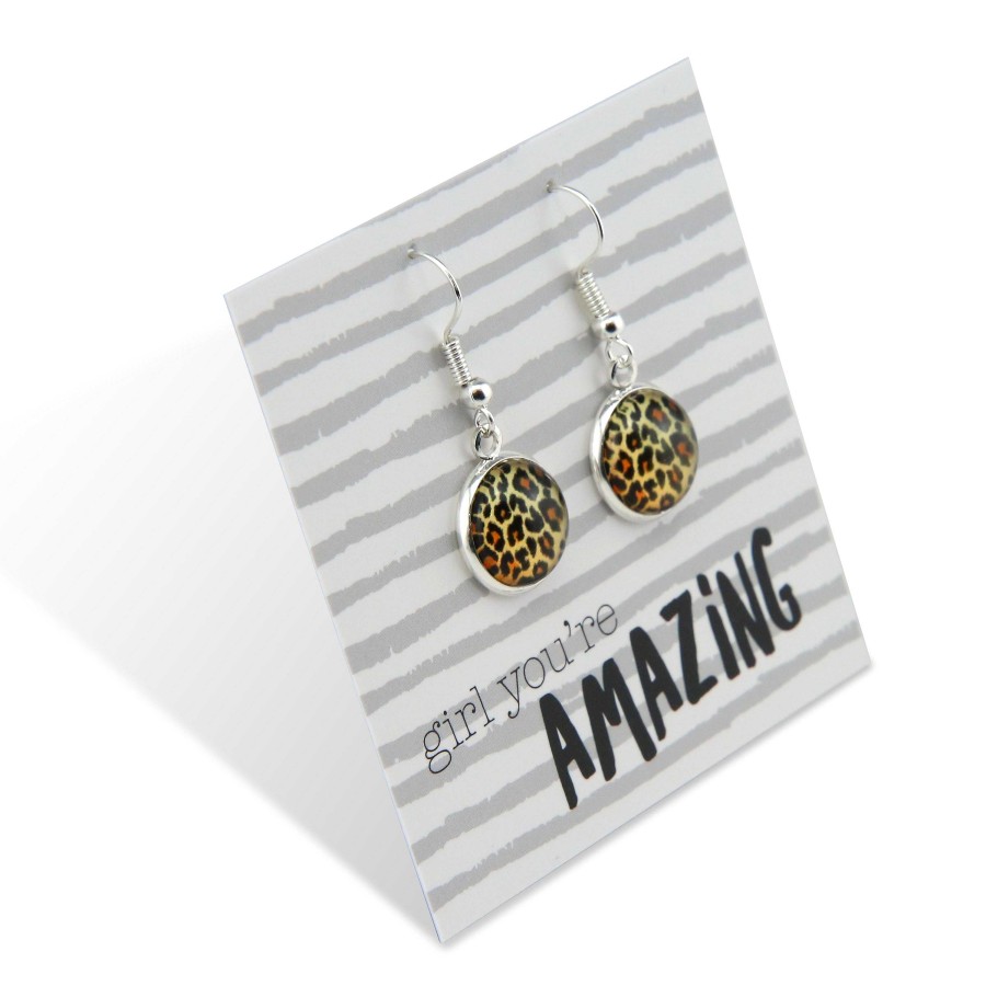 Jewellery Circle Drop Dangles | The Strong Women Collection - Girl You'Re Amazing - Bright Silver Dangle Earrings - Wild Thing Leopard (9817)