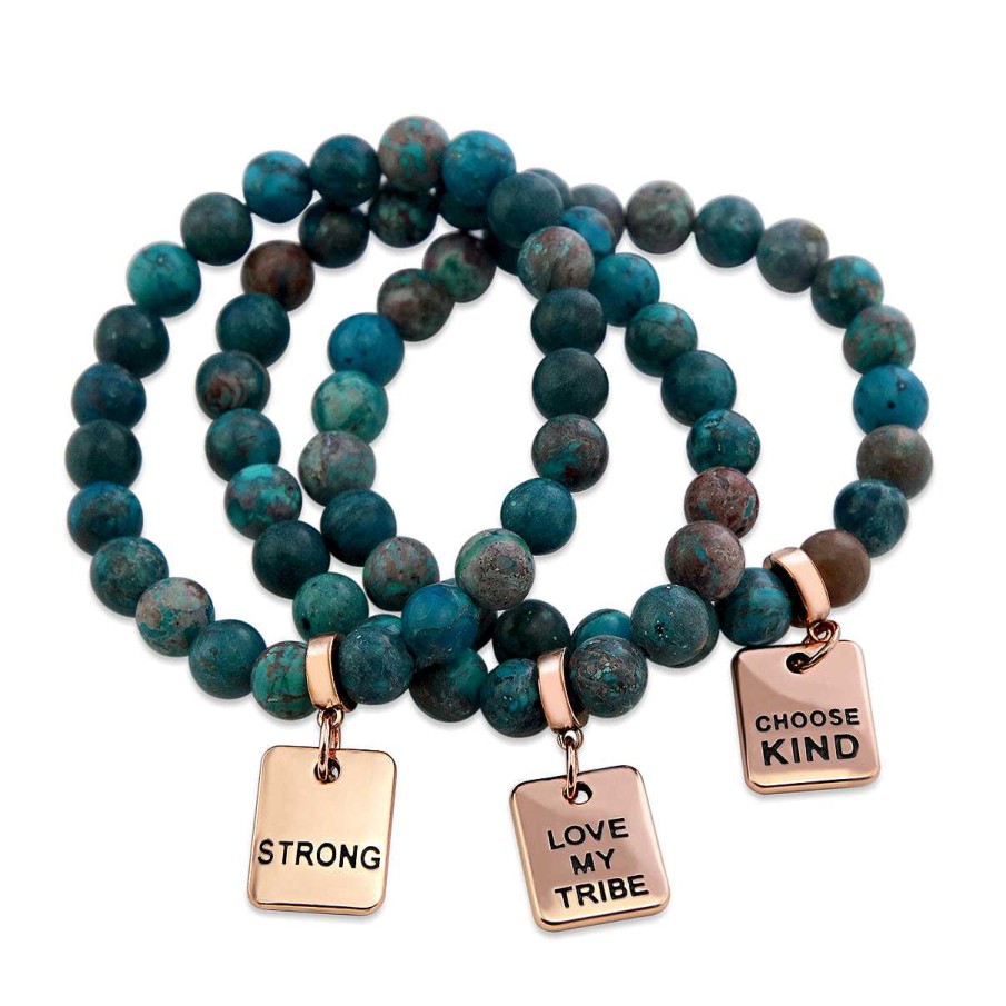 Jewellery Bracelets | Imperial Jasper Teal 8Mm Stone Bead Bracelet - With Rose Gold Word Charms