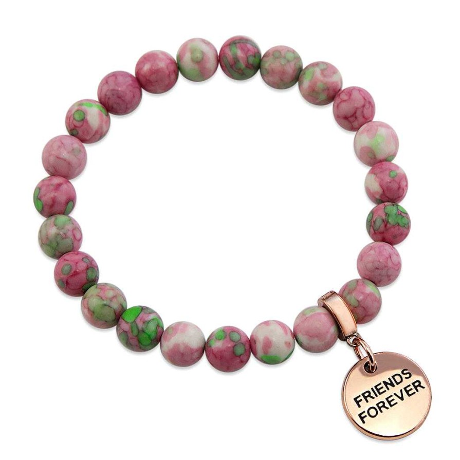 Jewellery Bracelets | Stone Bracelet - Rose & Lime Patch Agate Stone - 8Mm Beads With Rose Gold Word Charms