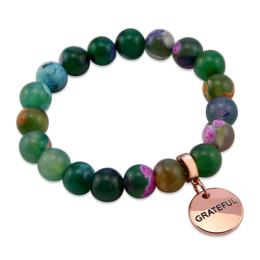 Jewellery Bracelets | Stone Bracelet - Green Fire Agate 10Mm Beads - With Rose Gold Word Charm